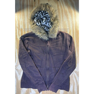 Arizona Jean Company Faux Fur Lined Zip Hoodie Jacket Women’s Large Brown Winter